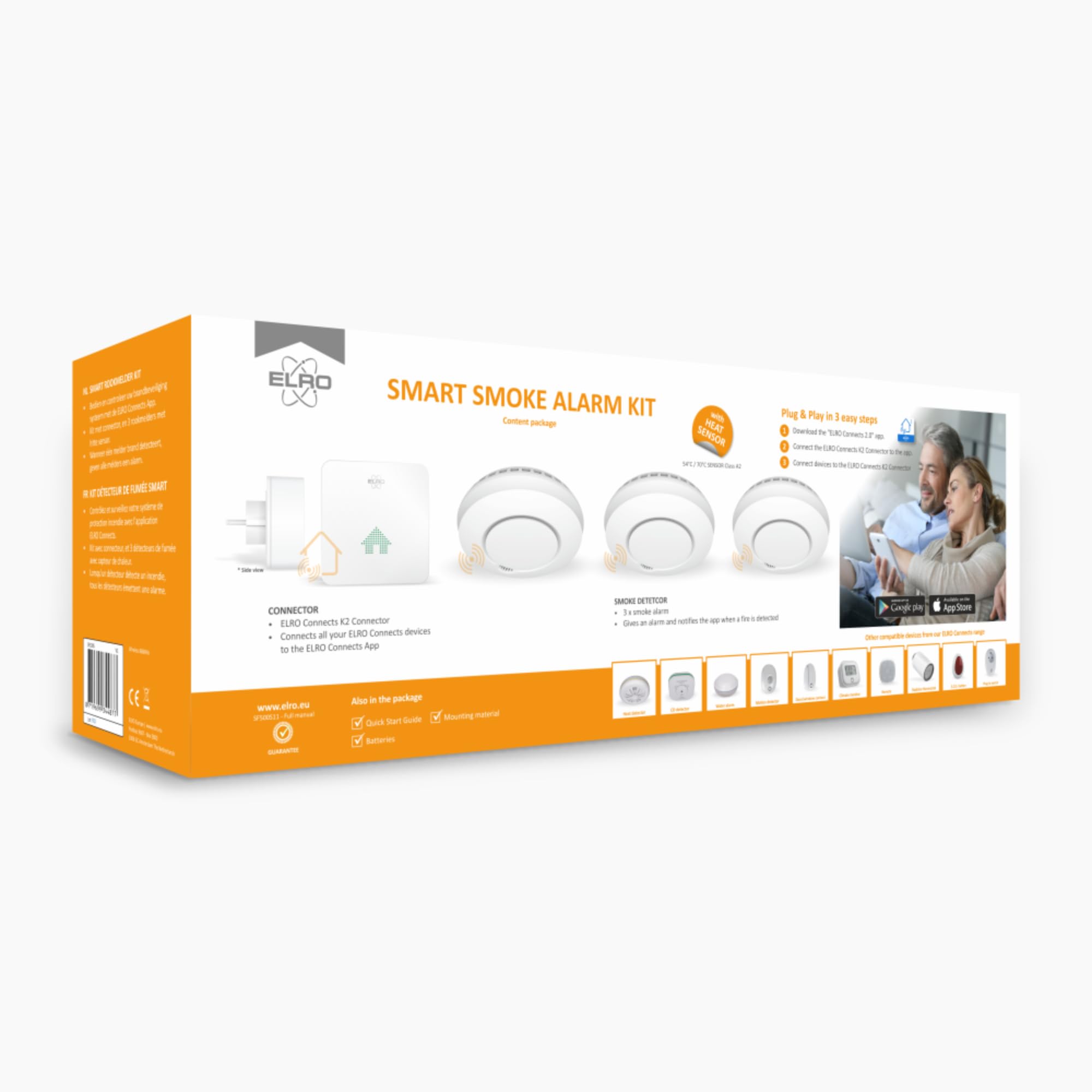ELRO Connects SF500S - Juego Completo de detectores de Humo K2 Connector + 3 detectores de Humo inalámbricos – Advertencia por Smartphone – según EN14604