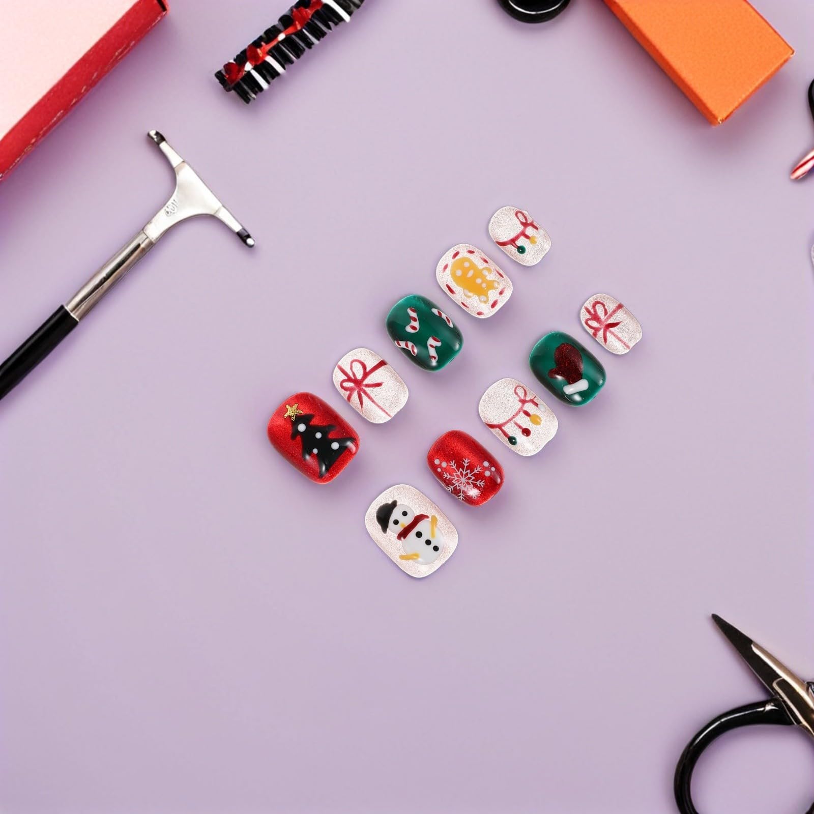 5 Sets Kurze Weihnachtliche Press On Nägel mit Kunststoff, Rund,