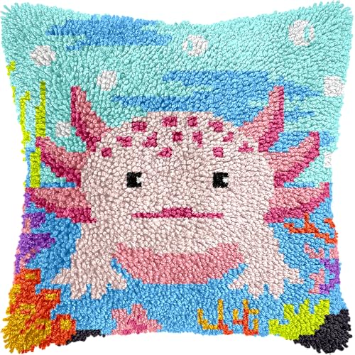 LUDOTEK Colorful Axolotl Latch Hook Kits for Adults Beginners Cute Animals Latch Hook Pillow Kit Pre-Printed Latch Hook Rug Kits Cross-Stitch Embroidery Cushion for Home Sofa Decoration 17x17 in.