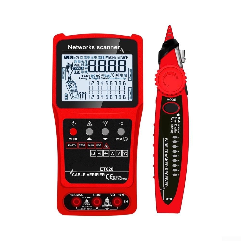 Tester per cavi di rete 3 in 1 ET628 con funzioni multimetro, schermo LCD, cavo per linee telefoniche LAN, misurazione della lunghezza del filo, puntatore rosso e custodia inclusi (ET628)