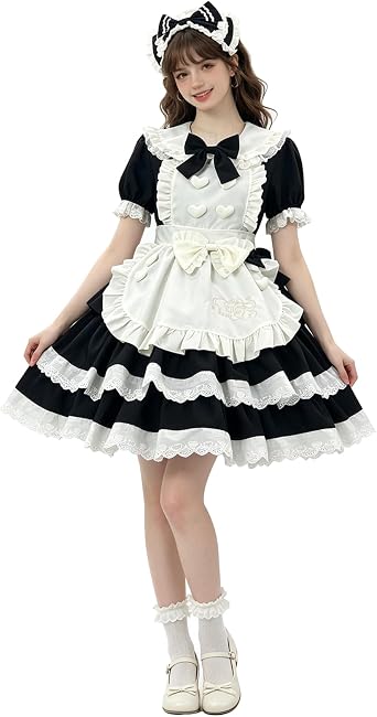 Japanese Maid Outfit Cosplay Costume French Maid Dress with Bow Headband Halloween Party Lolita Dresses