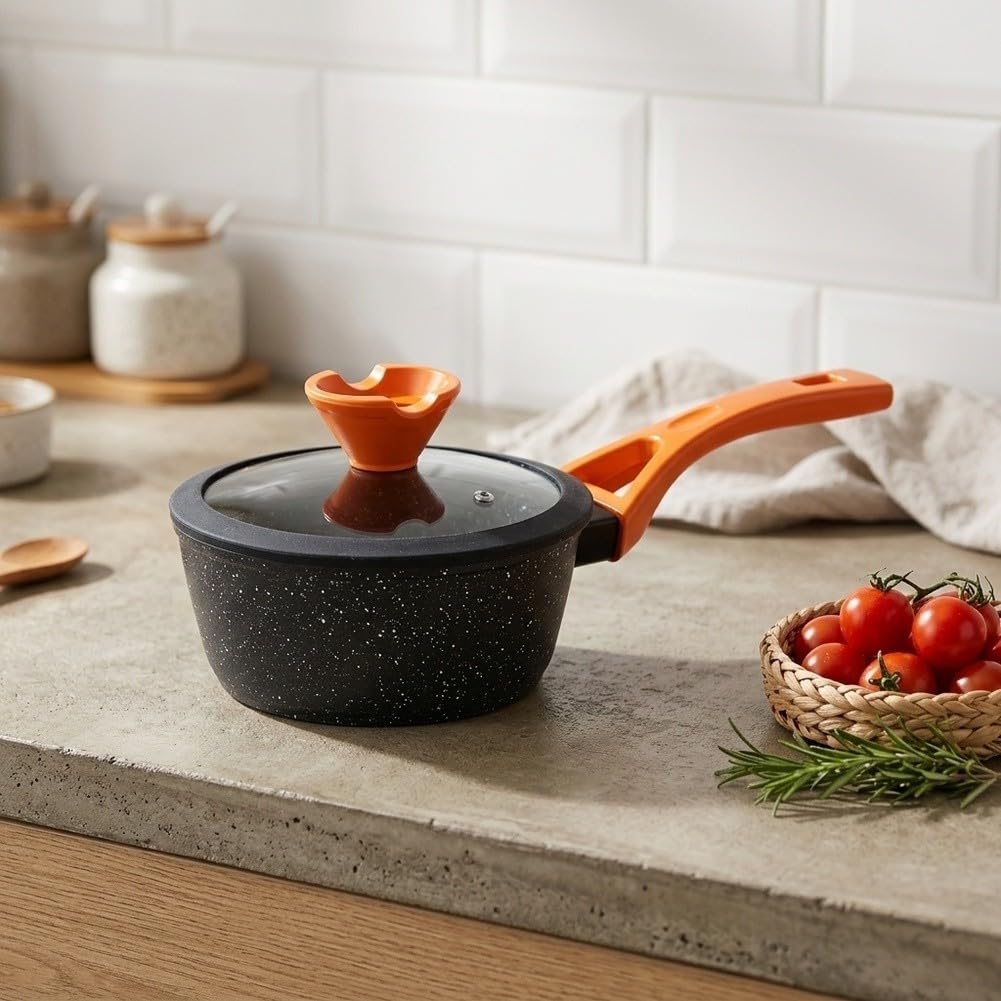Casseruola con Coperchio in Lega 18cm Pentola per Induzione e Gas Ergonomico per Porridge e Pasta