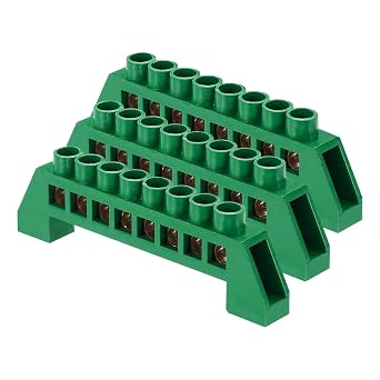 MECCANIXITY 3 Pcs Terminal Ground Bar, 8 Positions Screw Brass Terminal Bus Bar, 7x14mm Ground Terminal Block for Electrical Equipment, Distribution Box, Green