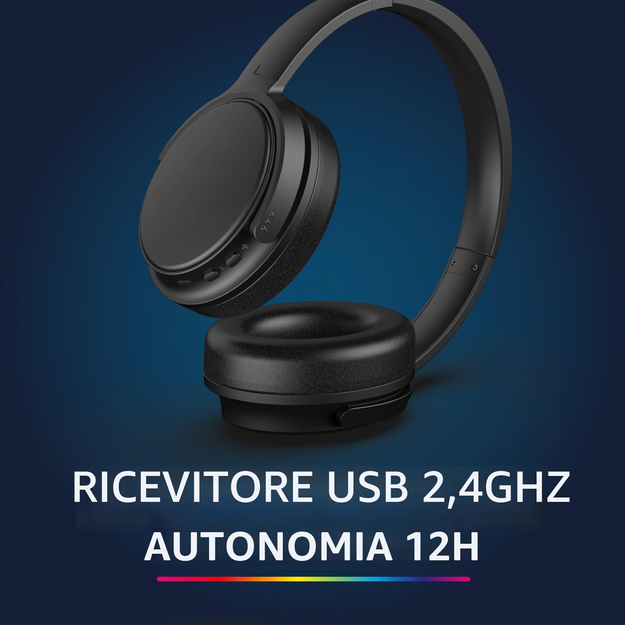 R-MUSIC RM306841 - Cuffie TV senza fili con ricevitore USB 2,4 GHz - 12 ore di durata della batteria - radio FM, jack da 3,5 mm, padiglioni girevoli - Nero