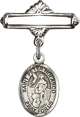 Sterling Silver Baby Badge with St. Peter Nolasco Charm and Polished Badge Pin 1 X 5/8 inches