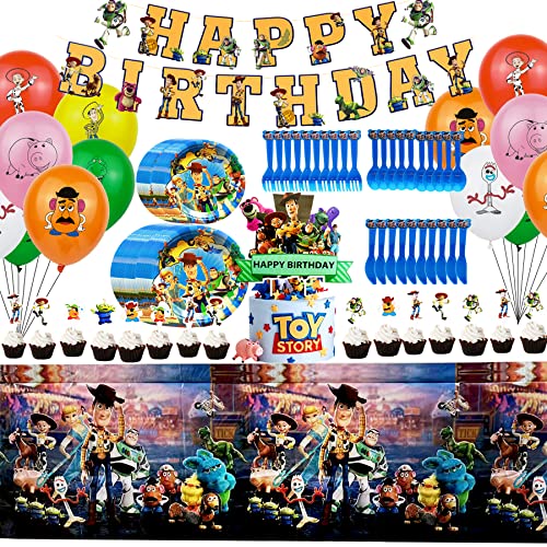 Toy Game Story Party Dessert Set, Birthday Banner, Cake paper Plates, Toy Game Story Forks, Knives, Spoons,Tablecover, Cake Topper, Cupcake Toppers, Balloons, Toy Game Story Birthady Party Supplies for Kids/Baby Shower/Birthday