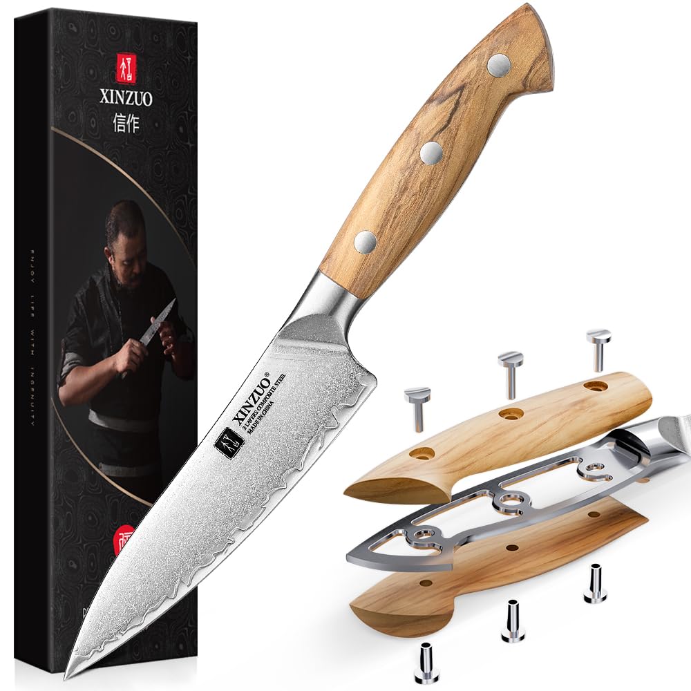 XINZUO Verbundstahl 13,5cm Küchen Allzweckmesser Handgeschmiedet scharfe Universalmesser -kohlenstoffreichem Stahl Obstmesser Schälmesser -Ergonomischer Griff aus Olivenholz -Exquisite Geschenkbox