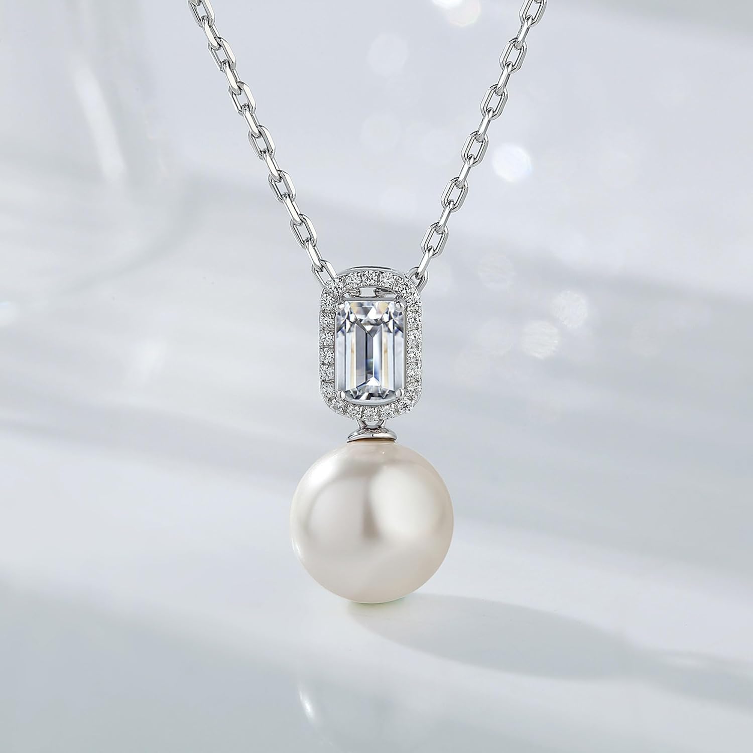 Sterling Silver 12MM Artificial White Pearl Necklace for Women Elegant Emerald Cut Faux Diamond Pendant Halo Necklace - Image 3