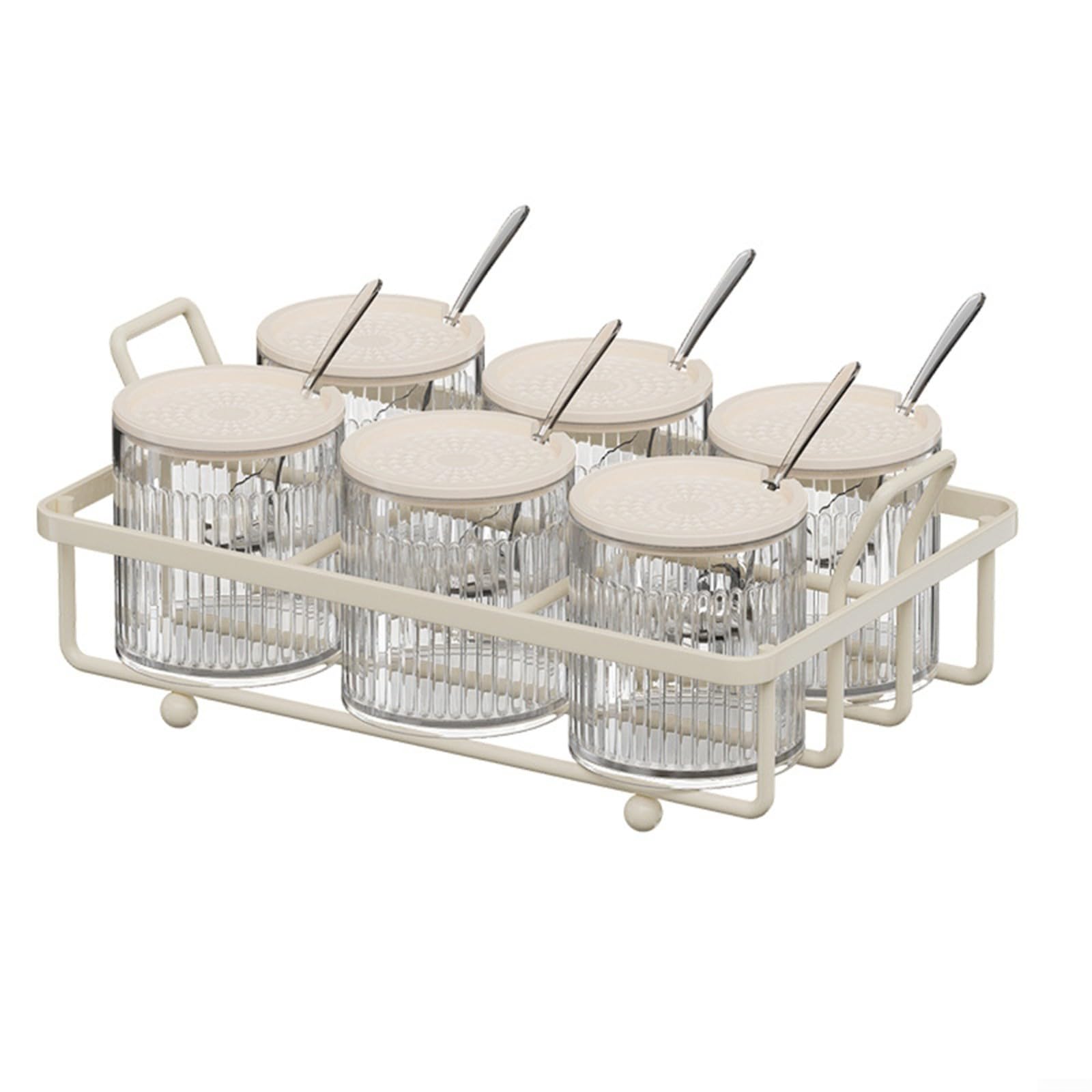 Recipiente de especias para encimera de cocina con tapas y cucharas, tarro de metal y plástico transparente para almacenar sal, pimienta y varios condimentos (6 botellas)