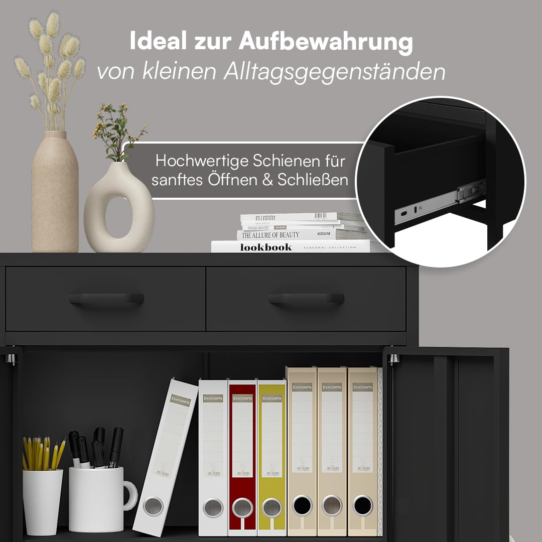 skølm Atria Metall Kommode – Sideboard in Schwarz – Metallschrank mit 2 Fächern & 2 Schubladen – Mehrzweckschrank – Industrial Highboard – Aufbewahrungsschrank/Flurschrank – Flexible Einlegeböden
