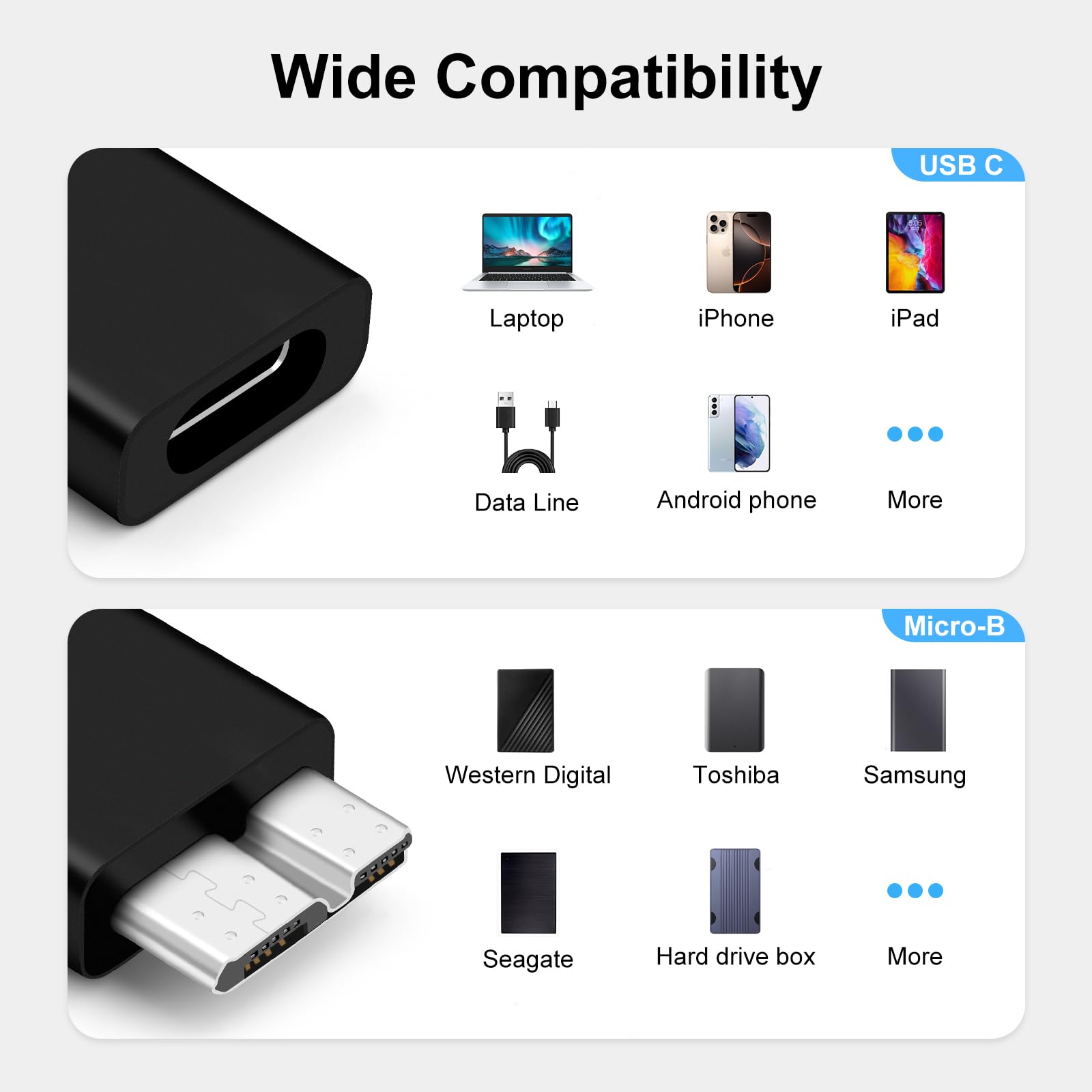Adapter USB C na USB 3.0 Micro-B do zewnętrznego dysku twardego HDD/SSD, WD, Seagate, Orico/Sabrent, Toshiba, Samsung T5/T7 itd. Czarny