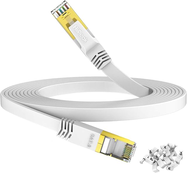 HiiPeak Cat 8 Flat Ethernet Cable 8m, Cat8 Internet Cable 40Gbps 2000Mhz High-Speed Professional LAN Patch Network Cables with RJ45 Gold-Plated Connector, Compatible with Cat5/Cat6/Cat7, White(8 m)