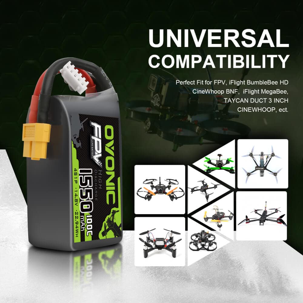 OVONIC Batería de polímero de Litio 4S 1550 mAh 100 C 14,8 V con Conector XT60 para RC FPV Quadcopter Avión Hobby DIY (2 Unidades)