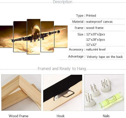 Miniatura 6 de sechars Lienzo grande de 5 piezas, arte para pared, diseño de avión al atardecer, impresión en lienzo para sala de estar, dormitorio, decoración de
