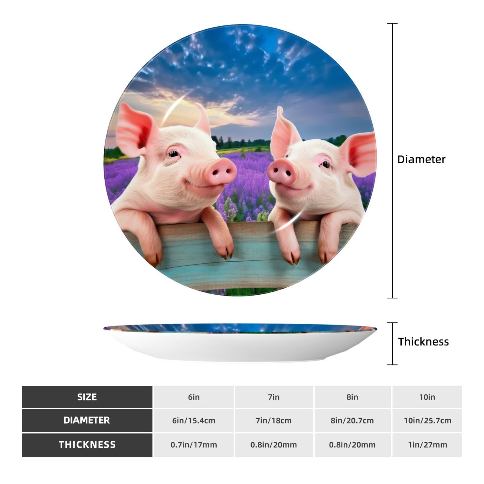 YZILDP Funny Pigs Ceramic Plate with Display Stand,7in,Farmhouse Decorative Cute Animal Plates Wall Hanging Ceramic Craft Decor for Kitchen Dining Room Home,Purple Florals Pigs