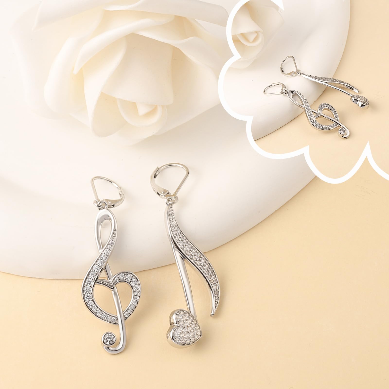 Silberne Ohrringe mit Violinschlüssel-Motiv, Zirkonia, Herzform, Musiknote, Schmuck, Geschenke für Frauen, Musikliebhaber, Konzert