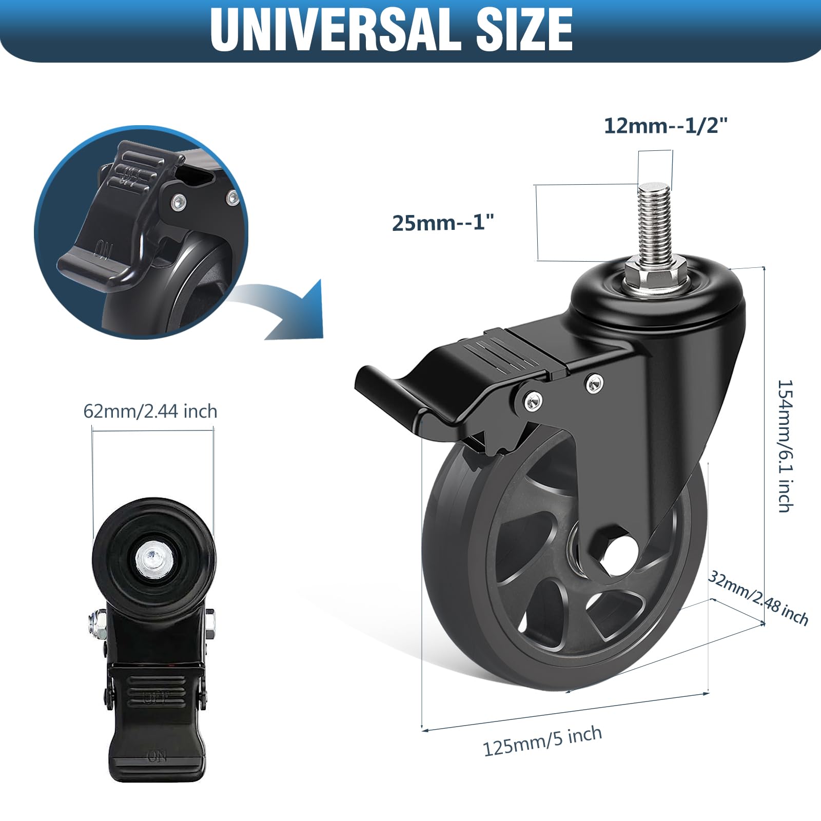 RRIUTO Furniture Castor 100 Mm With Brake, Swivel Castors M10 X 30 Mm Screw, Transport Castors Double Bearing With 360 Degree Rotation, Pack Of 4 Heavy Duty Castors For Furniture Load Capacity