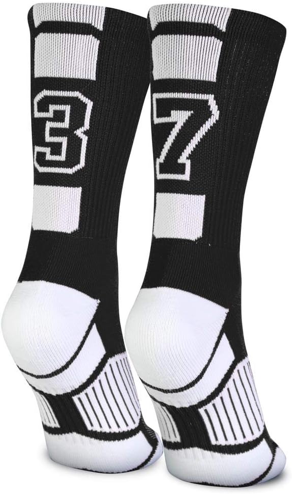 ChalkTalkSPORTS Custom Team Number Socks - Black Athletic Mid-Calf | Personalized Crew Socks, Athletic Performance Moisture-Wicking, Cushioned Footbed, Arch Support, Jersey Number, Youth & Adult
