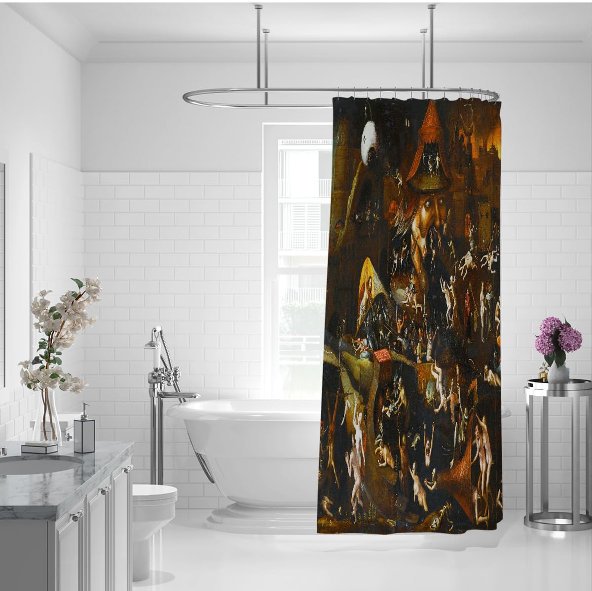 Seltsame Kunst Duschvorhang – Monster-Schwarm-Chaos-Szene Nördliche Renaissance grotesken Badevorhang mit C-förmigen Haken zur Badezimmerdekoration 180 x 180 cm