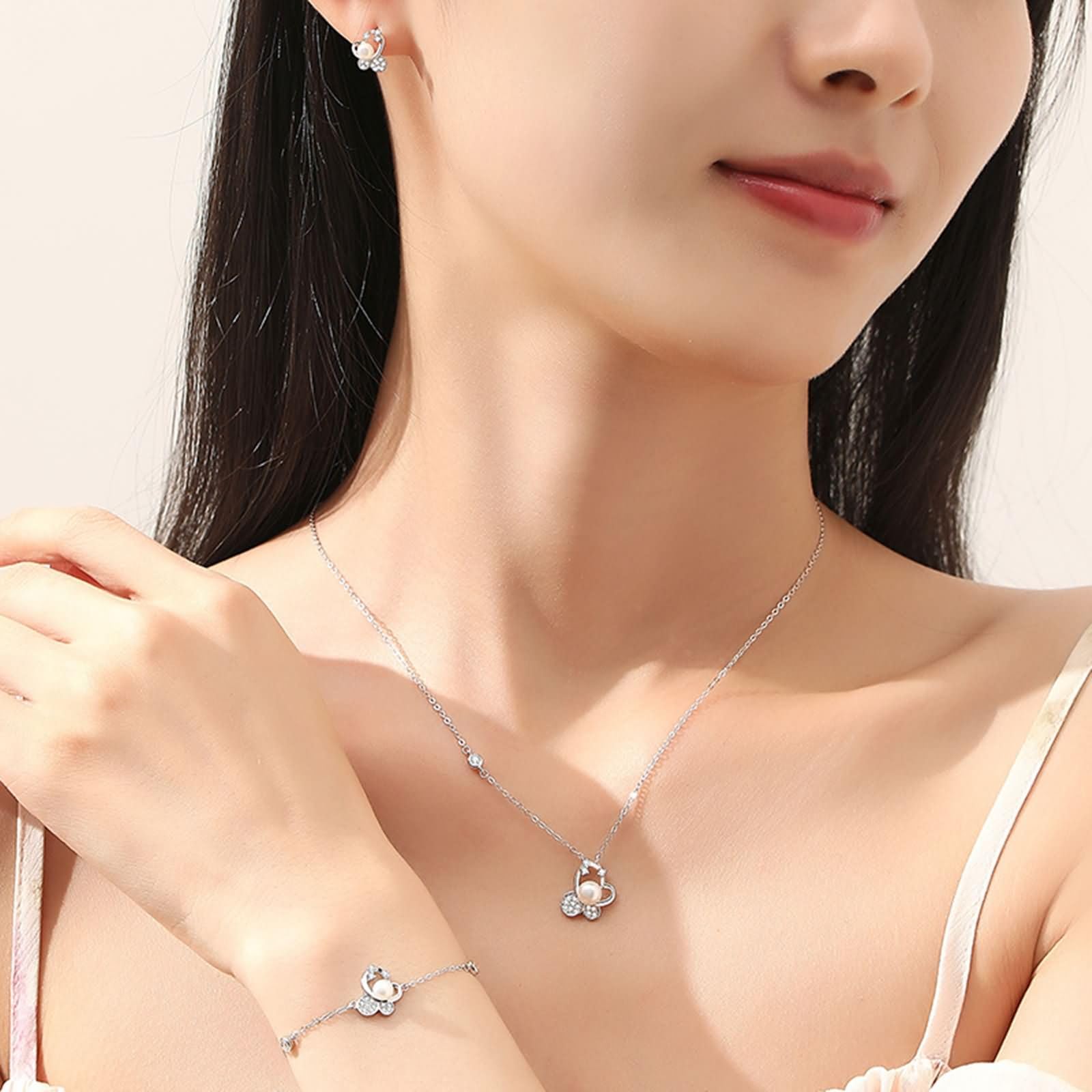 Naszyjnik z łańcuszkiem 9K / 14K / 18K White Gold dla kobiet, serce i perła z moissanitem, wisiorki srebrny naszyjnik damski