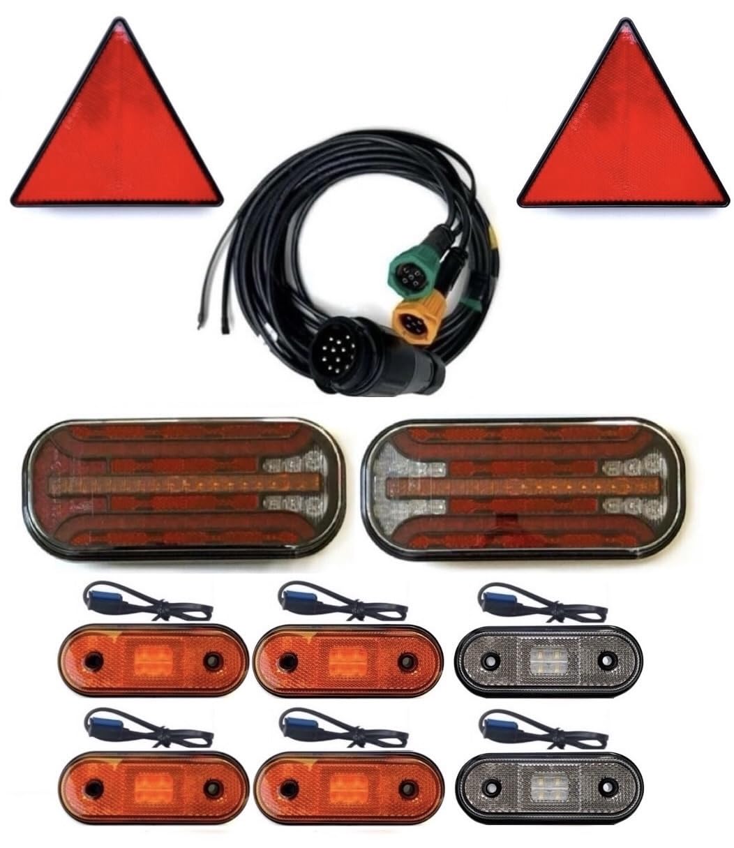 Set illuminazione rimorchio – 2 fanali posteriori LED 6 funzioni con frecce dinamiche 2 luci di posizione bianche & 4 gialle 13 poli 12V/24V E9/E20