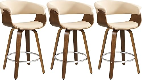 Miniatura 6 de Taburetes de bar giratorios con patas de madera de madera de nogal bentado, altura de barra de 28.7 pulgadas, taburetes de bar tapizados de piel