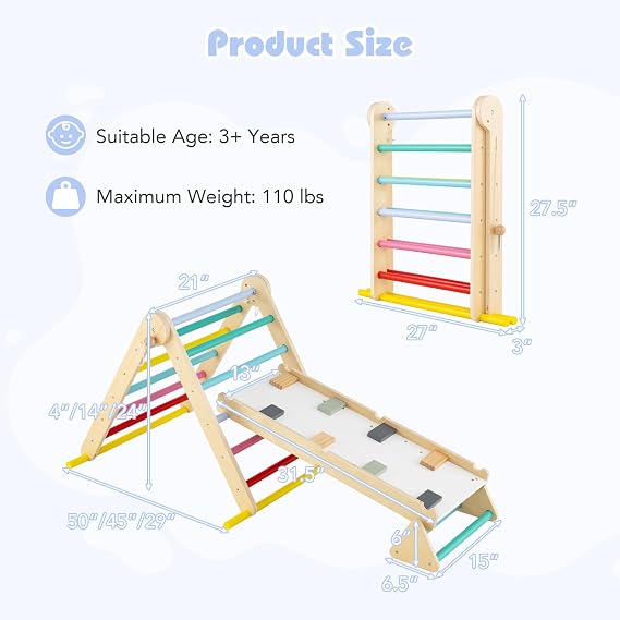 Olakids Pikler Triangle Set 7 in 1 Climbing Toys for Toddlers Foldable Baby Wood Montessori Jungle Gym Adjustable Tilt Ladder Seesaw Lamp Indoor Playground Colorful