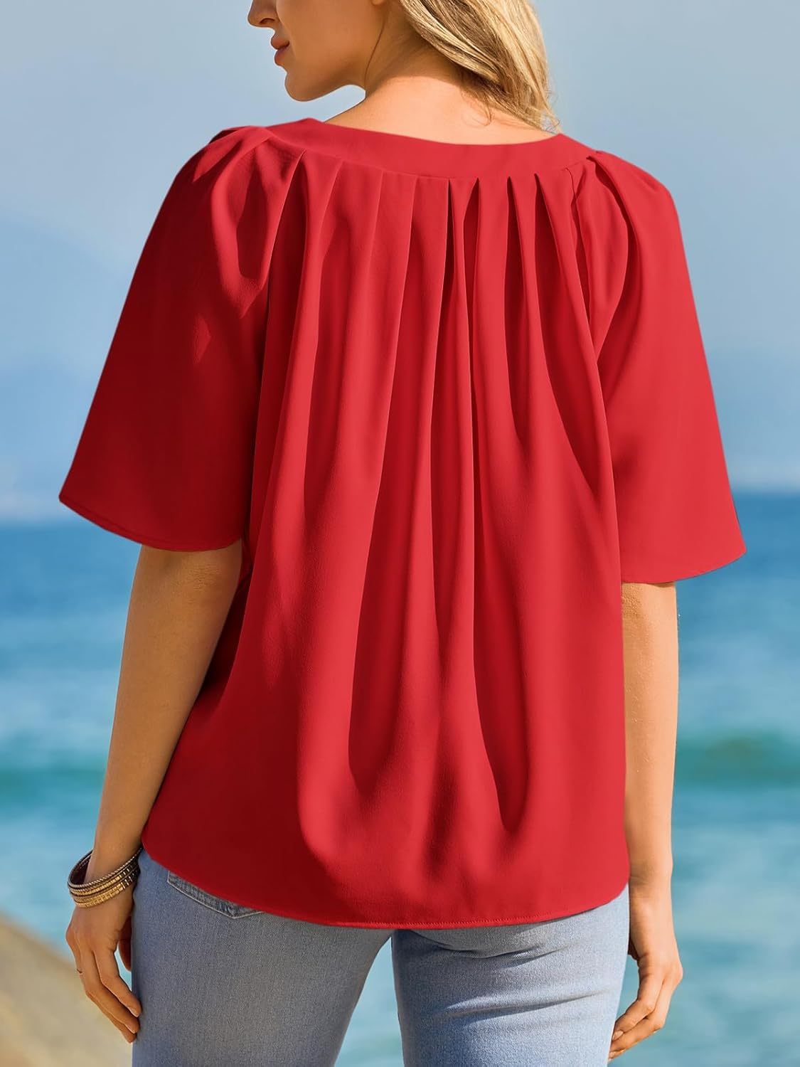 Cicy Bell Womens Summer Blouses Bell Short Sleeve V Neck Babydoll Flowy Tops Dressy Casual Loose Fit Beach Pleated Shirts - Image 6