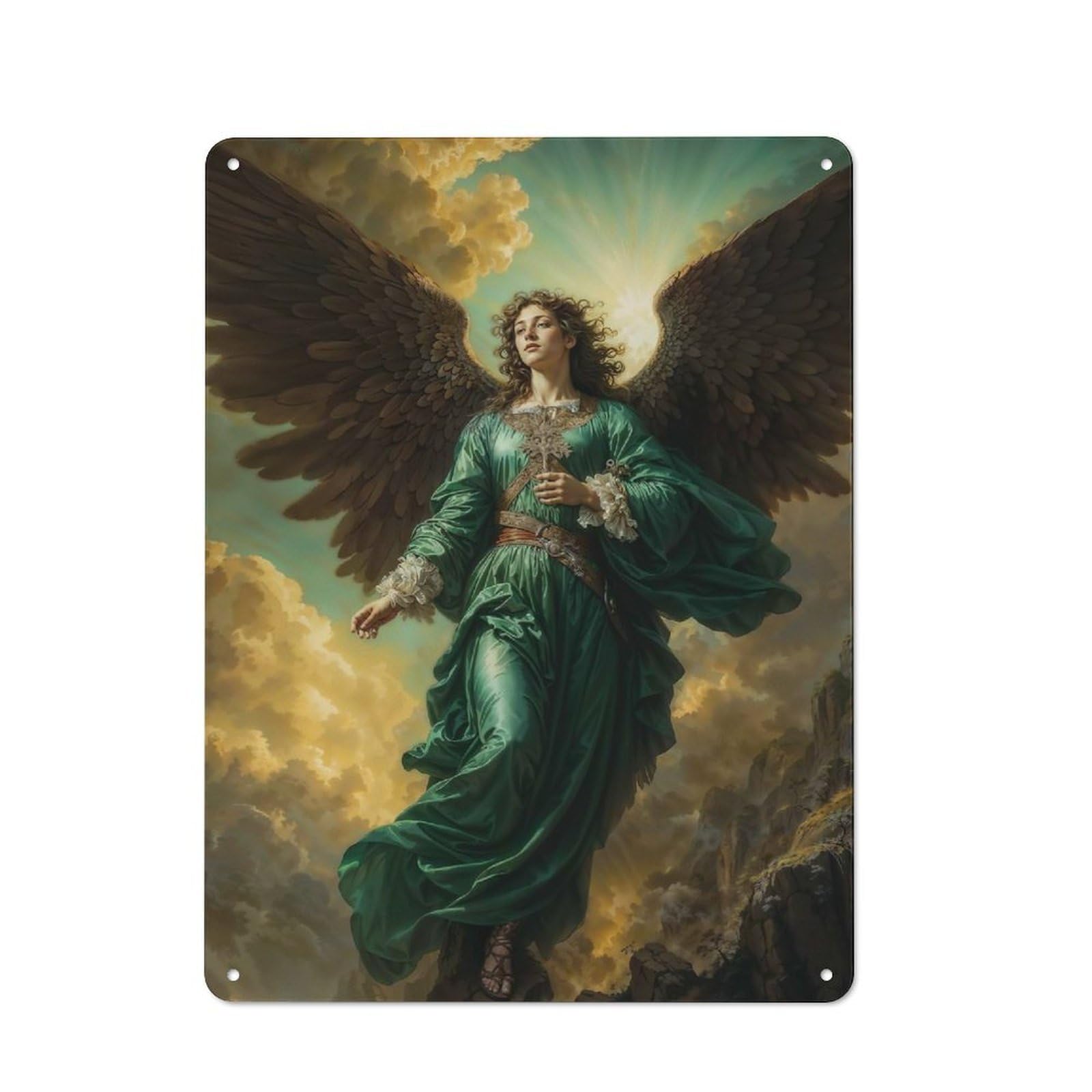 Archangel Raphael in Emerald Green Gown Rustic Metal Wall Decor 40x30cm, Garden Room Metal Sign for Patio Bar, Workshop, Shed Or Kitchen