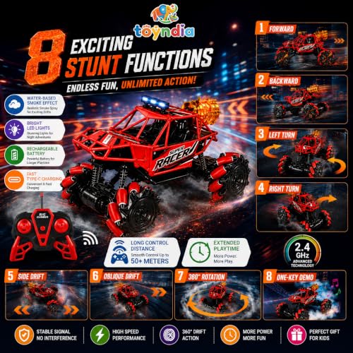 Image of Remote Control Drift Car for Kids, 4WD 8 Functions RC Stunt Car with 360 Rotation,Off-Road Climbing Monster Truck,Smoke Spray,LED Lights, USB Charging,BIS Approved Racing Toy(Random Color)