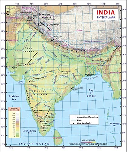 India Physical Map - Vinyl Print (40.6"H x 36"W) Wall Chart – 1 January 2017