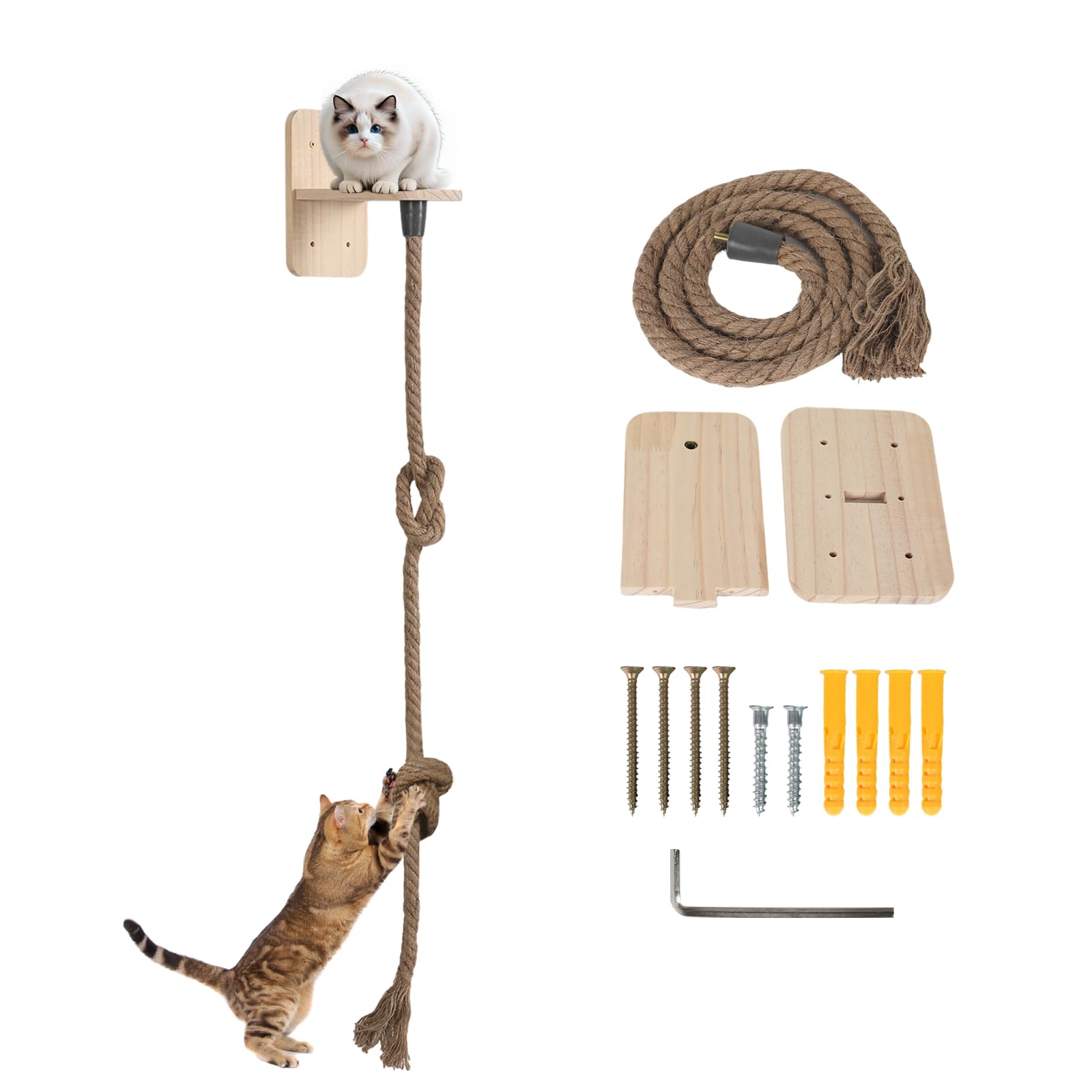 Cat Climbing Rope, 51" Natural Hemp Cat Climbing Rope with Heavy Duty Hook, Wall Mounted Scratching & Play Rope for Indoor/Outdoor Use (1.3M)
