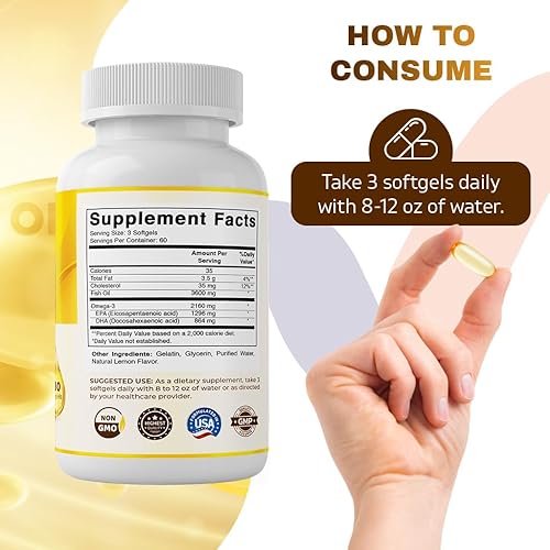 Miniatura 3 de Vitamatic Aceite de pescado Omega 3 de triple fuerza, 3600 mg por porción, 2160 mg de ácidos grasos Omega 3, 1296 mg de EPA + 864 mg de DHA, sabor a