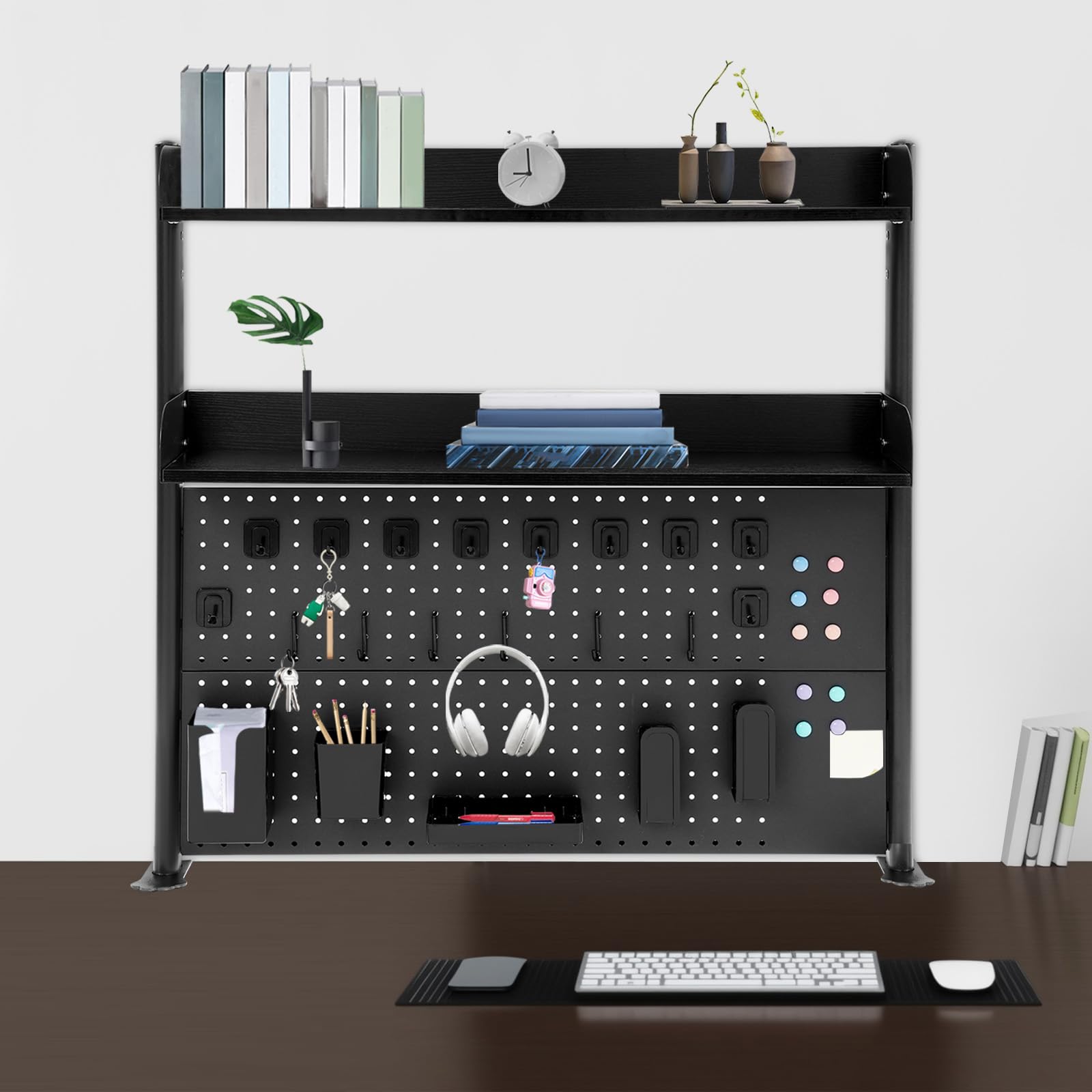 Estante de Escritorio 3 Niveles con Barreras Anticaídas, Organizador de Mesa para Libros y Papelería con Abrazadera Ajustable, Soporte para Oficina y Estudio, Negro