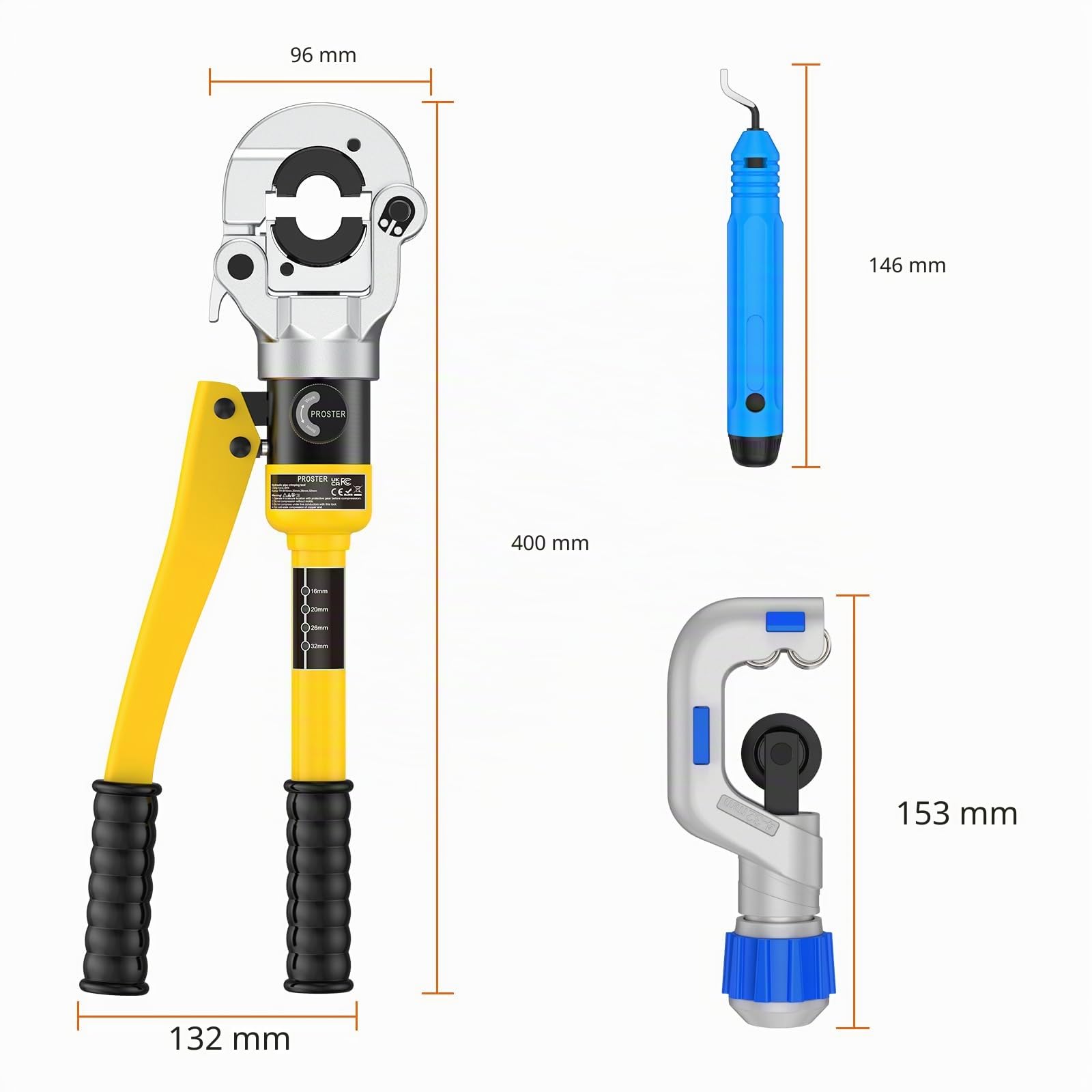 Proster Pinza Idraulica a Pressione 8 Tonnellate con Set di Matrici TH16 TH20 TH26 TH32 Pinza Crimpare Per Tubi con Testa Girevole a 360° Attrezzo Completo con Tagliatubi Custodia Robusta