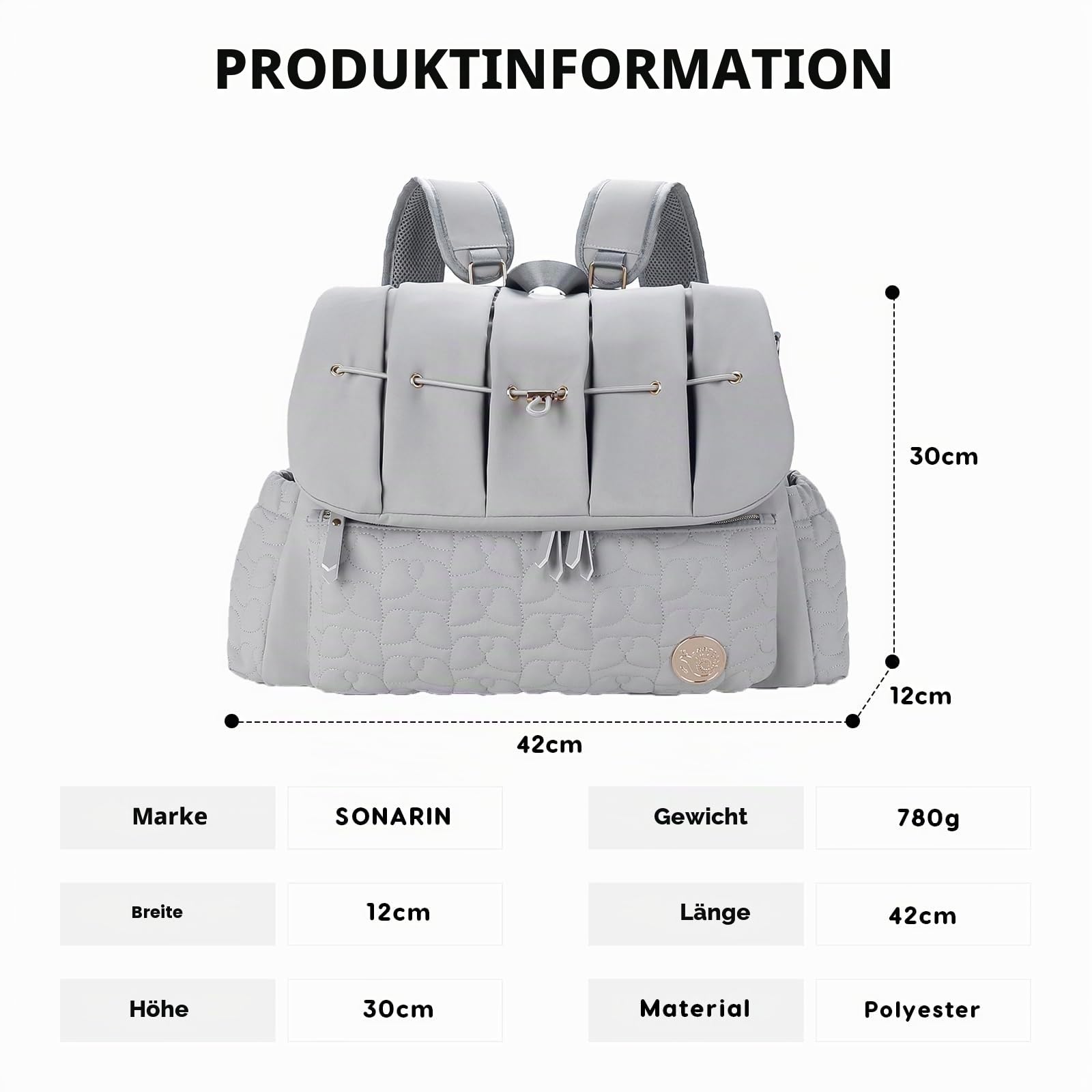 SONARIN Stilvoll Wasserdicht Baby Wickelrucksack Wickeltasche,Multifunktionale Große Kapazität Babytasche Tragbare Reise Wickeltasche Rucksack mit Wickelunterlage & Schultergurte(Grau)