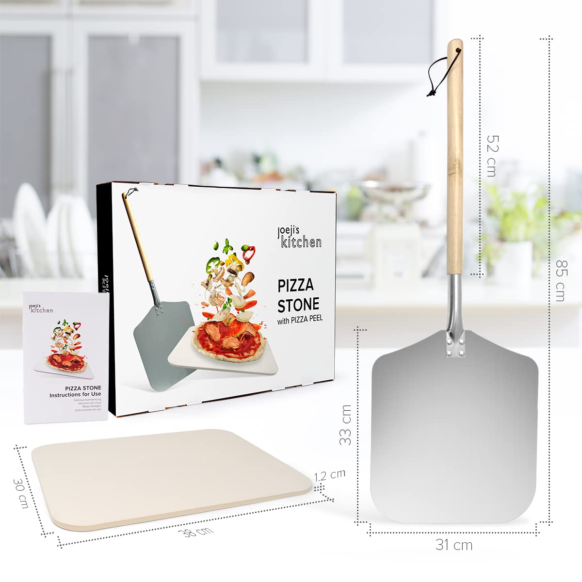 Joeji's Kitchen Autentyczny włoski zestaw do pizzy i łopatki do pizzy | Kamień do pizzy do użytku w piekarniku w domu | kamień do pizzy do grillowania | Prostokątny, 30 cm x 38 cm