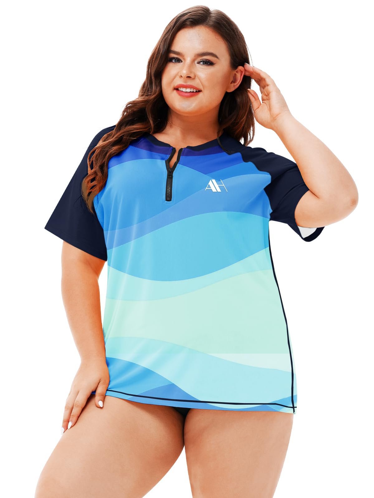 Damen Rashguard Übergröße UV Shirt Schnelltrocknend Badeshirt 1/4 Zip Schwimmshirt