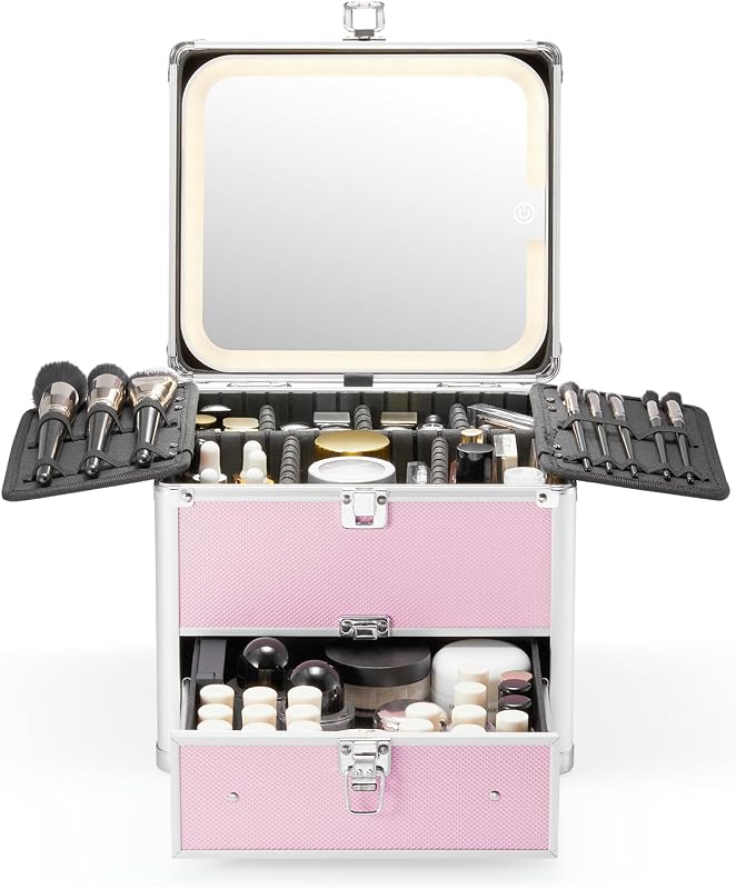 Makeup Box with Detachable Magnetic LED Mirror, Travel Train Case | Make Up Bag with Drawer, 6 Adjustable EVA Dividers, 2 Brush Boards, for Flight Trips, Waterproof Portable, ICY Pink