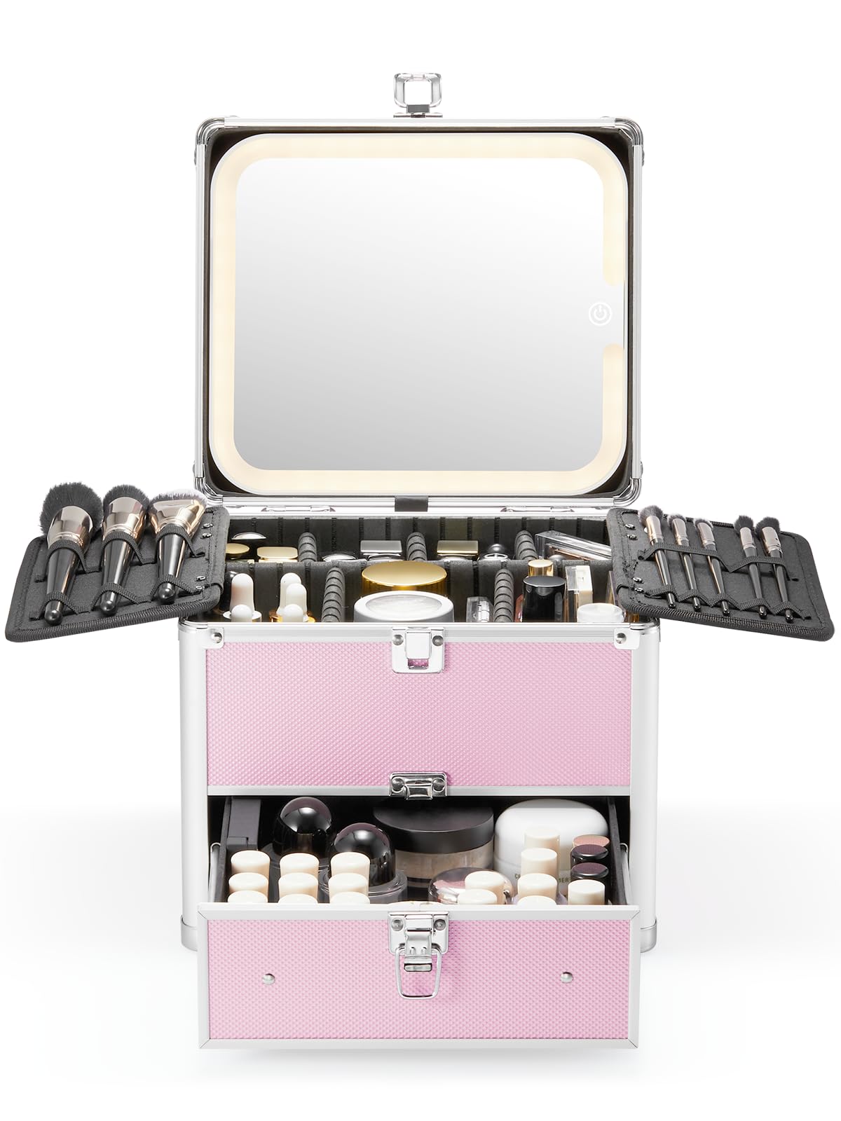 Qislee Makeup Box with Drawer and A Detachable Lighted Mirror, Waterproof Travel Train Case, Cosmetic Organizer and Makeup Suitcase with Adjustable