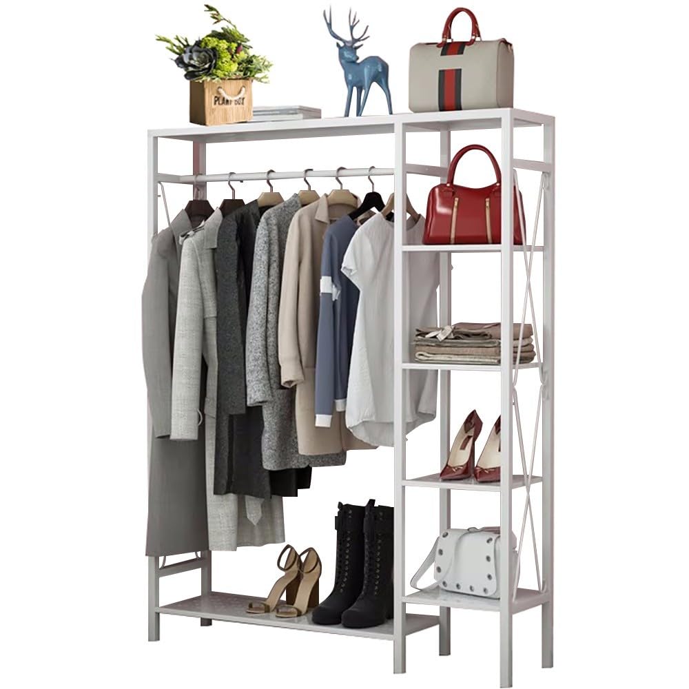 angelfanmily Heavy Duty Metal Clothes Rail, FreeStanding Garment Coat Rack with 4 Storage Shelves, Multifunctional Clothes Racks for Hanging Clothes,Suitable for Home Bedroom- 90/120/150CM
