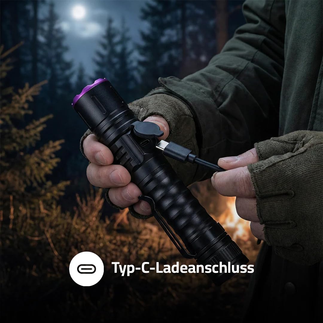 MEIION Deinster Blutspur Pro - UV-Taschenlampe für Jäger UV Taschenlampe Schwarzlicht 395nm, USB-C Aufladbar, Zoombar für Haustierurin, Harz & Bernstein