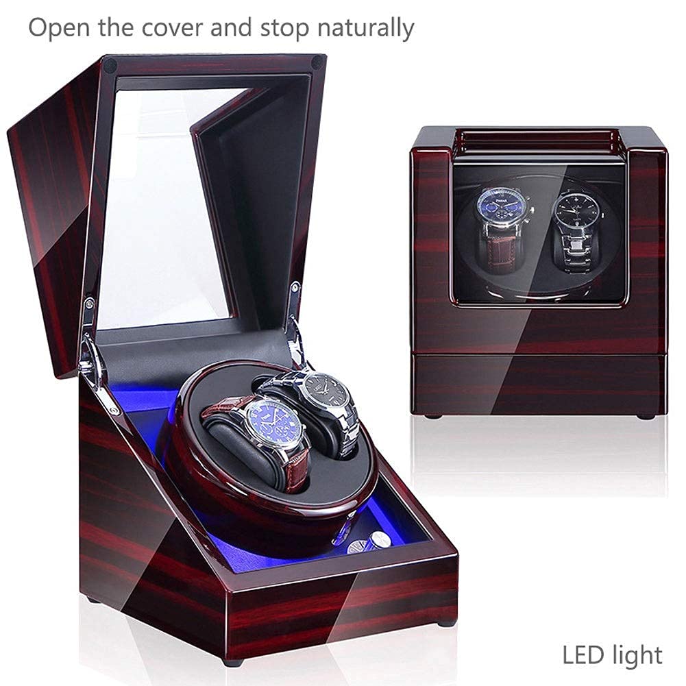 Watch Double Automatic Watch Winder Box LED Switch 5-Speed Adjustment Mode Wooden Luxury Storage Case for 2 Wrist Watches (E)
