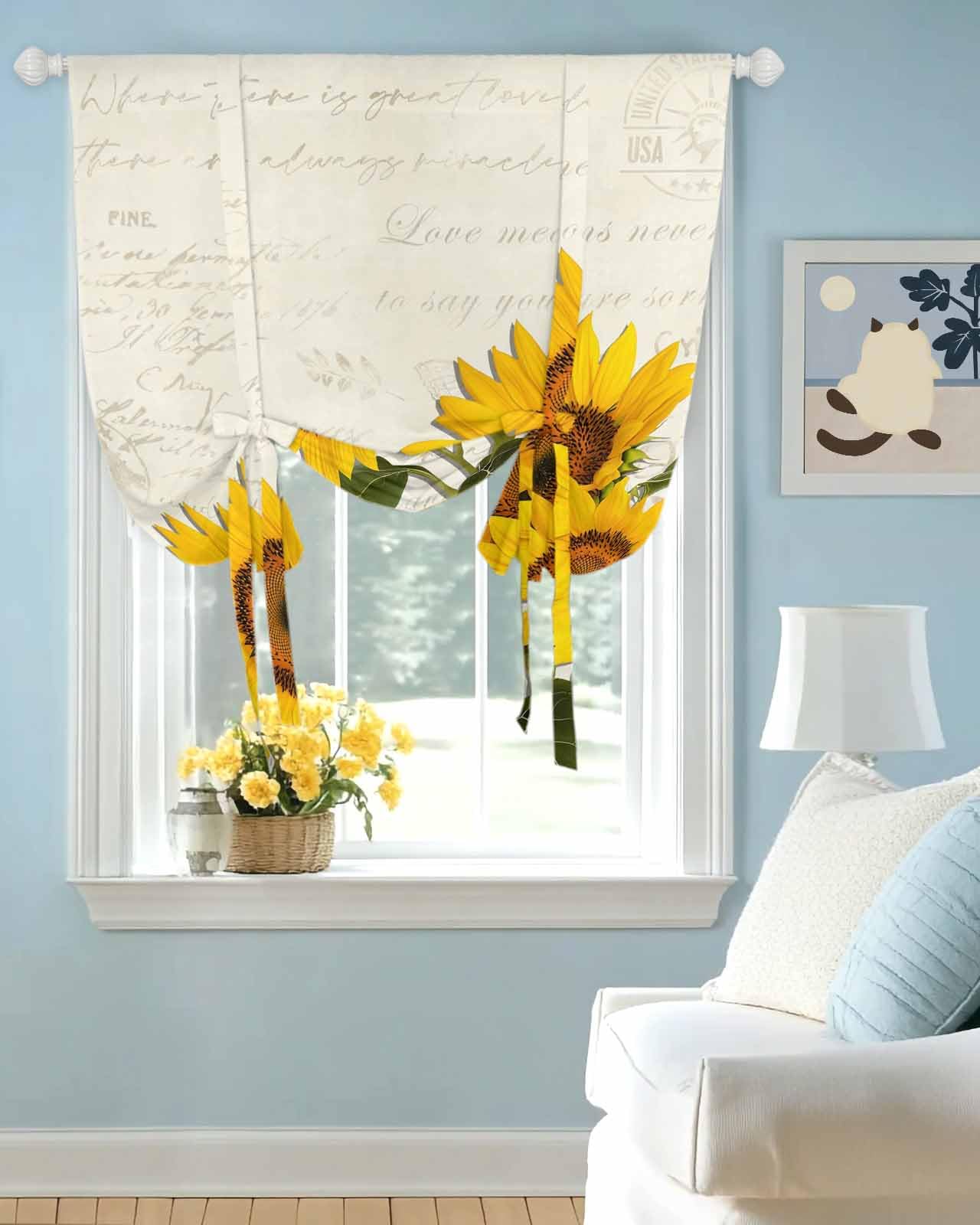Tie Up Curtains for Windows Summer Farm Sunflower Rod Pocket Tie-Up Window Shade Adjustable Balloon Curtain Valance Country Floral on Letter for Bedroom Kitchen Bathroom Blinds,42x45in
