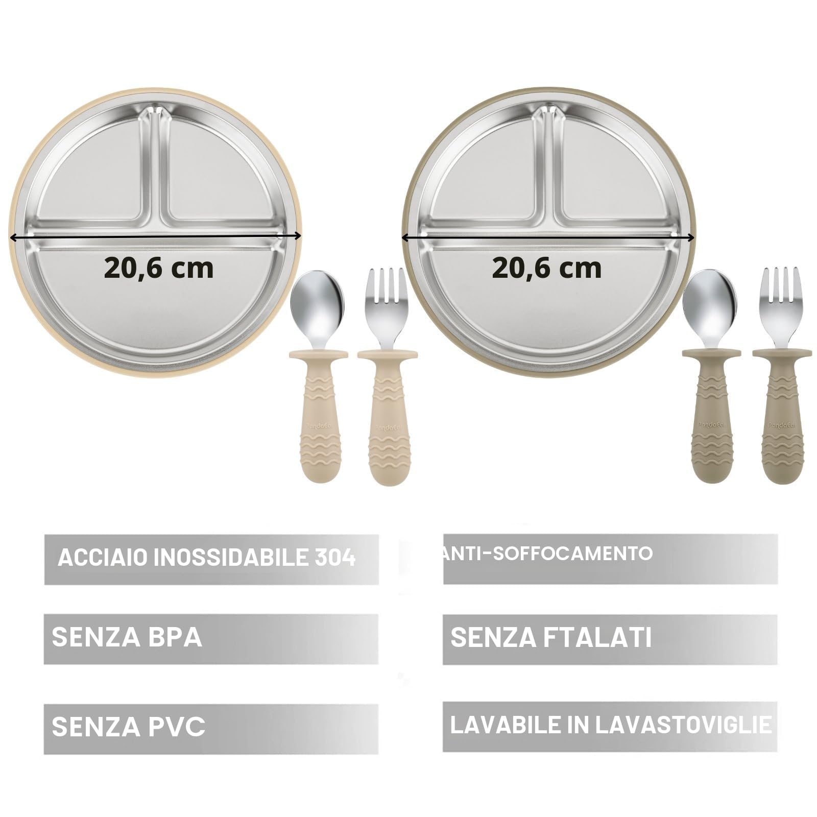PandaEar Set da 2 Piatti in Acciaio Inossidabile con Ventosa per Neonati e Set da 2 Cucchiai e Forchette, Ustensili per Bambini, Piatti Divisi per Alimentazione Autonoma (Marrone chiaro/Noce)
