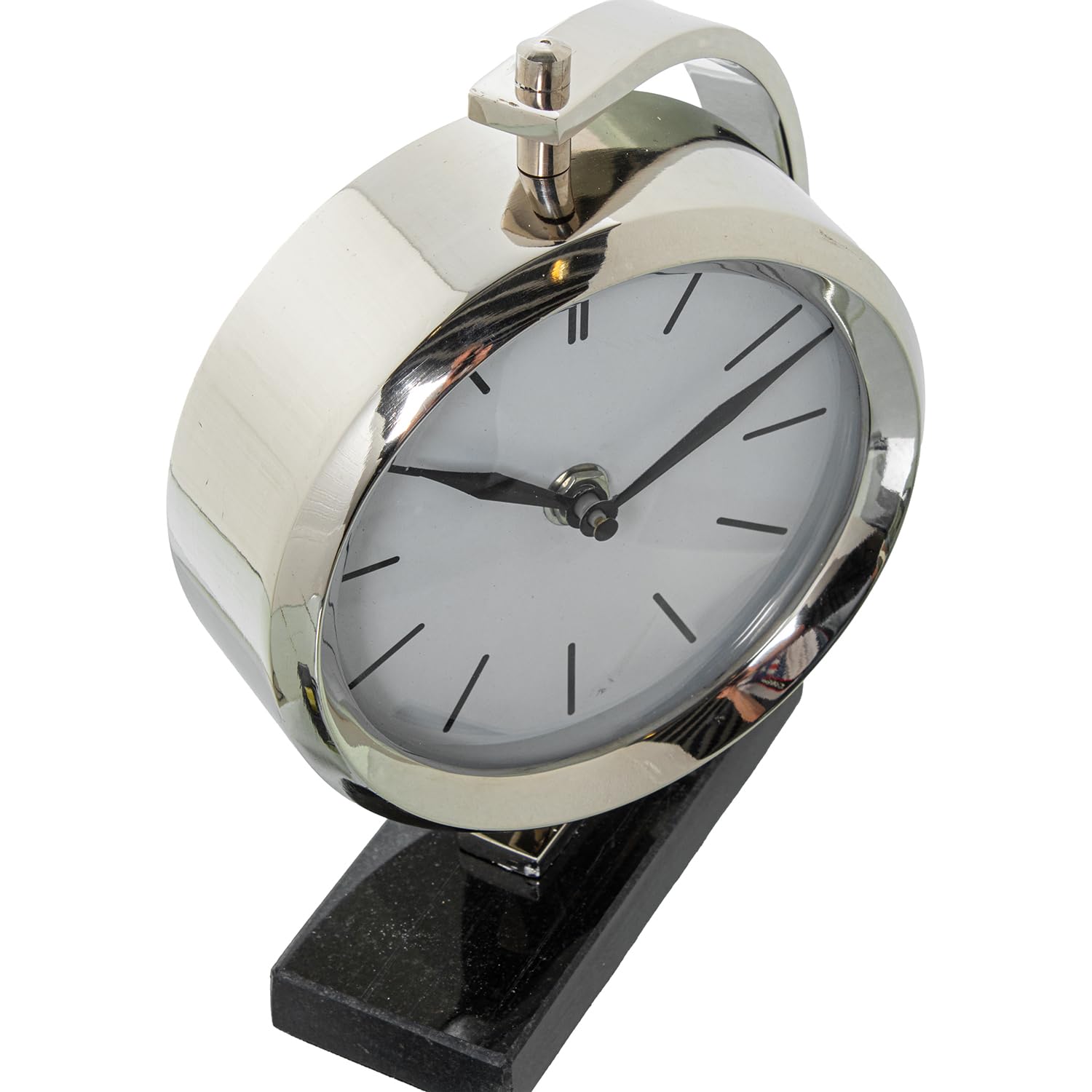 RELOJ 23363 SOBREMESA METAL PLATEADO BASE MÁRMOL NEGRO_20X5X16CM