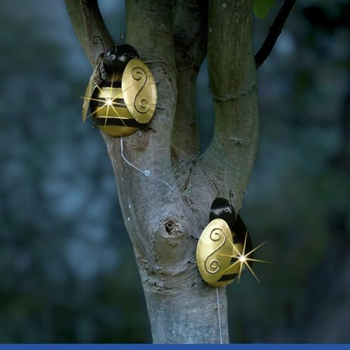 Maximex LED Solar Gartenleuchte Biene, 2er Set, mit goldenen Flügeln, Dämmerungssensor, wetterfest, dekorative Solar Wanddeko für Garten, Balkon und Zaun, 16,5 x 7,5 x 18 cm, Metall