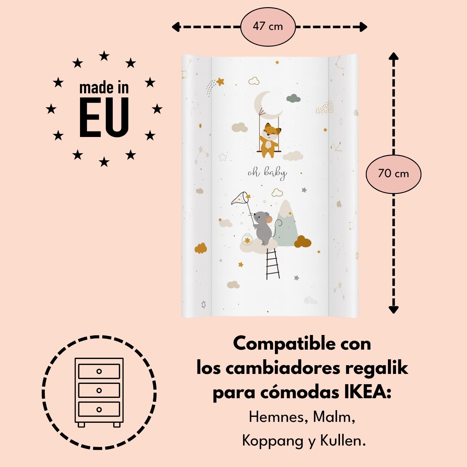 Colchón cambiador bebé 70x47 cm blanco con ratón – cambiador para cómoda, lavable y suave con bordes de seguridad – colchoneta cambiador bebé cómoda y práctica