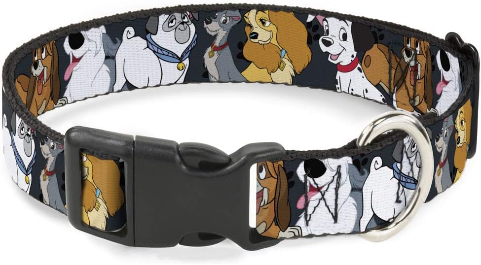 Disney Pet Collar, Dog Collar Plastic Buckle, Disney Dogs Group Collage Paws Gray Black, 20 to 31 Inches 1.5 Inch Wide