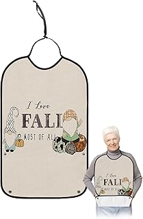 Fall Gnomes Adult Bib for Eating with Crumb Catcher,Washable & Waterproof Terry Cloth Adjustable Elderly Women Men Adult Bibs Funny Apron Clothing Protector Thanksgiving Harvest Pumpkins Leopard Print